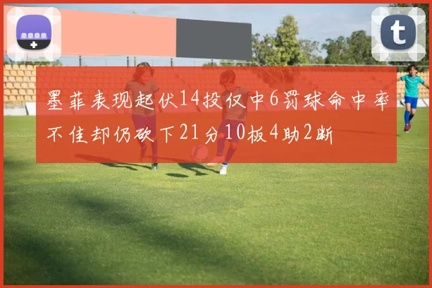 墨菲表现起伏14投仅中6罚球命中率不佳却仍砍下21分10板4助2断